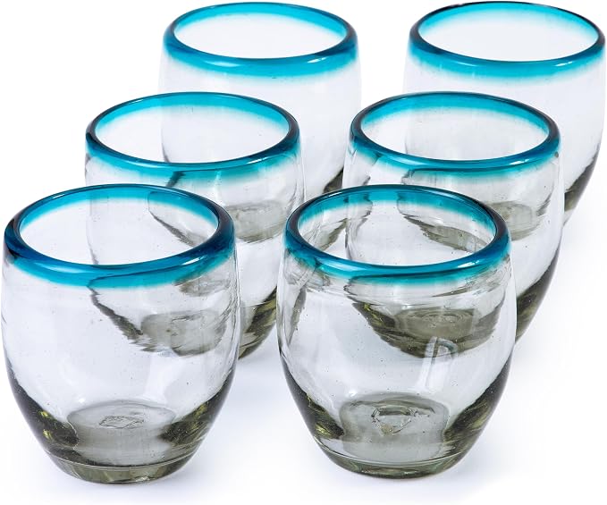 9 oz Hand Blown Mexican Drinking Glasses - Set of 6, 9 fl oz each, Aqua Rim