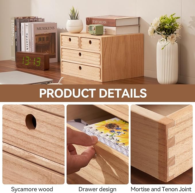 KIRIGEN Wood Desktop Storage Cabinet with 4 Drawers, 3-Tier Desk Organizer for Letter-Size Paper, Mail, Home Office Supplies, Makeup, Crafts, Desk or Countertop, Fully Assembled WJG34-NA