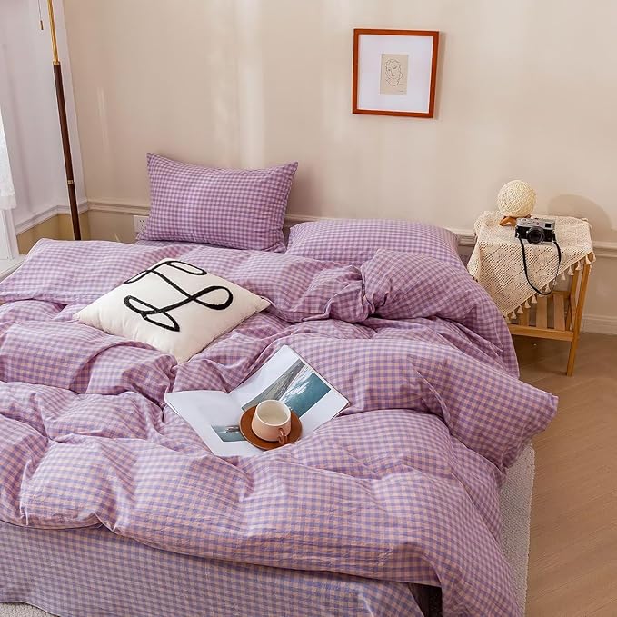 mixinni Purple Gingham Grid Duvet Cover Queen, 100% Washed Cotton Modern Geometric Bedding Set with 2 Pillowcases, Farmhouse Style Yellow Plaid Comforter Cover Set for Men & Women, Soft & Lightweight