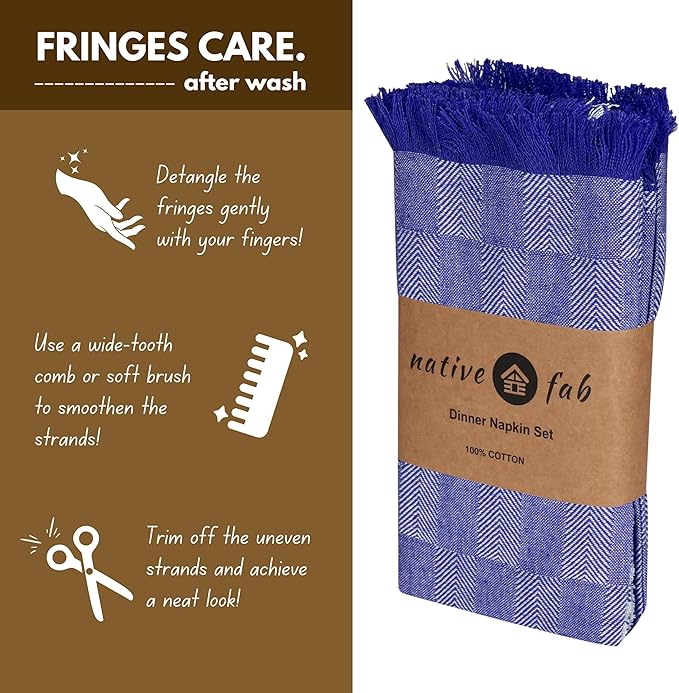 Native Fab Herringbone Cloth Napkins 16x16 inches, 100% Cotton Dinner Napkins with Fringes, Set of 12, Decorative Frayed Edges, Washable Table Linen Napkins, Soft Breathable Absorbent, Ink Blue