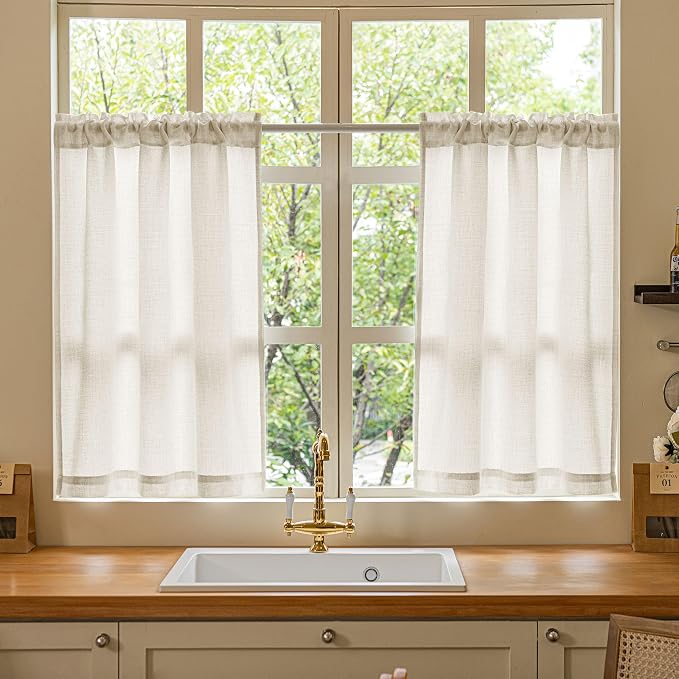 2 Panels 36 Inch Half Kitchen Curtains Sets for Bathroom RV Campers, Farmhouse Natural Linen Drapes Non-See-Through Privacy Short Windows Curtains 36 Inch Length Rod Pocket W30xL36