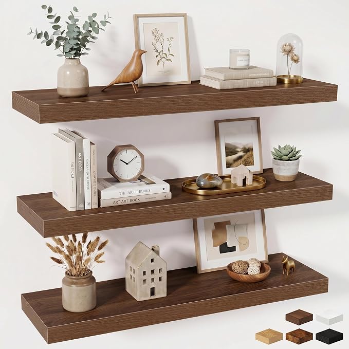 Fun Memories Floating Shelves for Wall 36 Inches, Wood Shelves with Invisible Bracket, 10" Deep Shelves Wall Mounted, Large Wood Floating Shelves for Living Room Bathroom, Walnut, Set of 3
