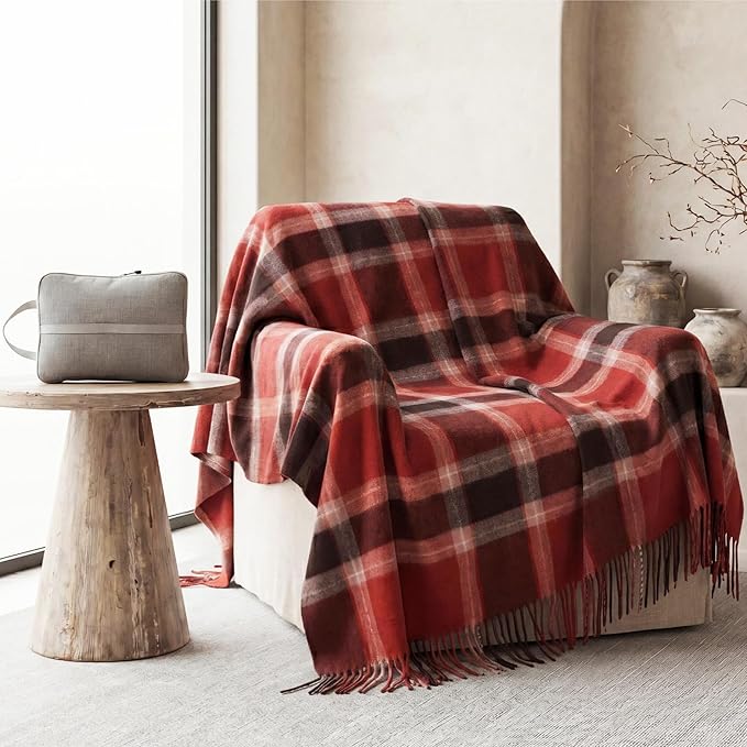 Soft Pure Wool Throw Blanket, Lightweight Warmth, 55"x83", Plaid, Fringe, Compact with Bag, Useful Gift for Women Men, All Season Decorative Cozy Travel Blanket for Couch Bed, Outdoors