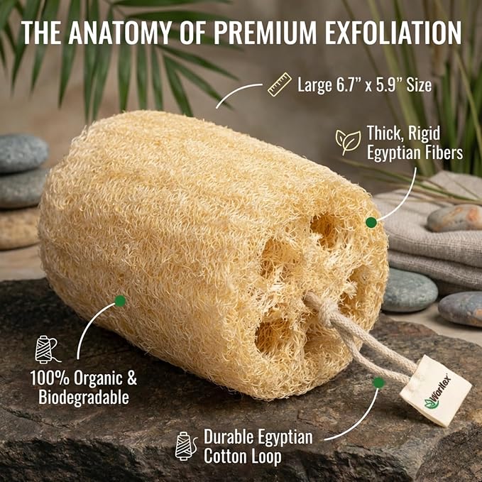 Waritex Organic Egyptian Loofah Sponges Exfoliating Scrubber Bath [2 Pack] | Natural Loofah Fiber for Gentle Skin Exfoliation, Deep Cleansing Full Body Spa Experience, Smooth Radiant Skin Care