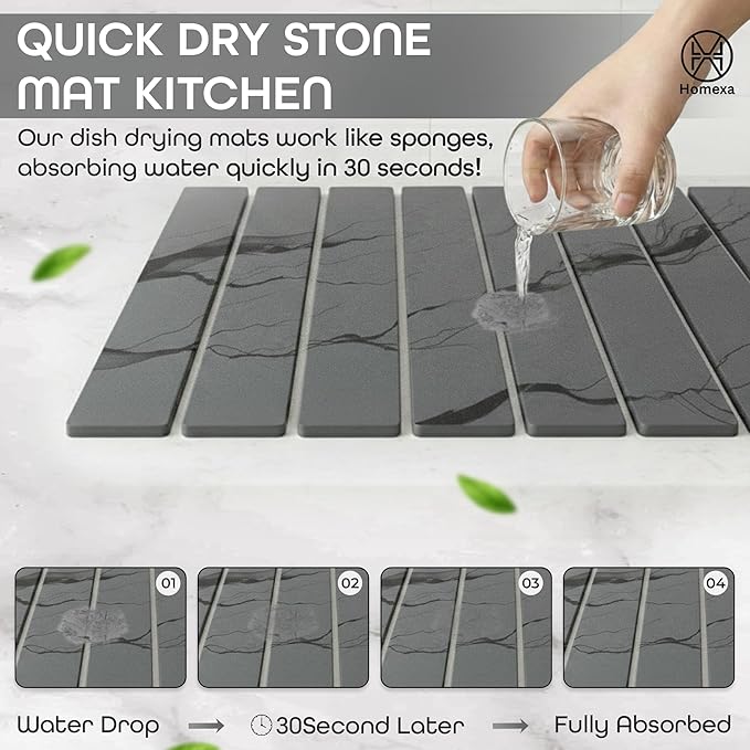 Stone Dish Drying Mat 24" x 16" – Dish Drying Stone Mat – Large Diatomaceous Earth Drying Mat with Non-Slip Base – Quick Dry Kitchen Drying Pad for Dishes, Glassware & Bottles (Marbled Dark Grey)
