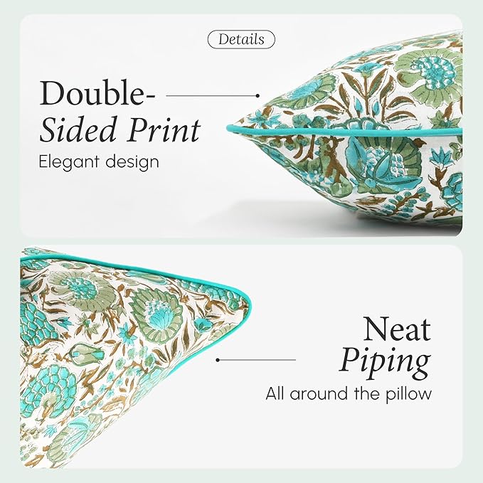 CPC Aqua Green Floral Printed Throw Square Cushion Covers - 18x18 Inch 100% Cotton Washable Decorative Couch Pillows Covers for Living Room Bed Sofa and Outdoors Spring, Summer Gifts
