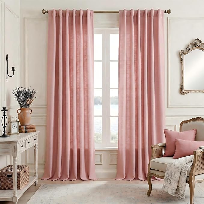 NICETOWN Pink Linen Curtains 96 inch Long 2 Panels Set, 55" Wide Thick Flax Linen Blend Organic Home Decor Rod Pocket & Back Tab with Light Filtering for Bedroom/Living Room