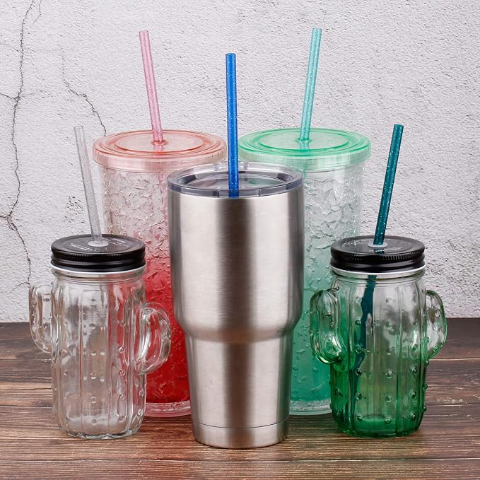 Dakoufish BPA-Free 12 Piece 11 Inch Reusable Clear Plastic Glitter Sparkle Drinking Straw Plus one Cleaning Brush (6color,11inch)