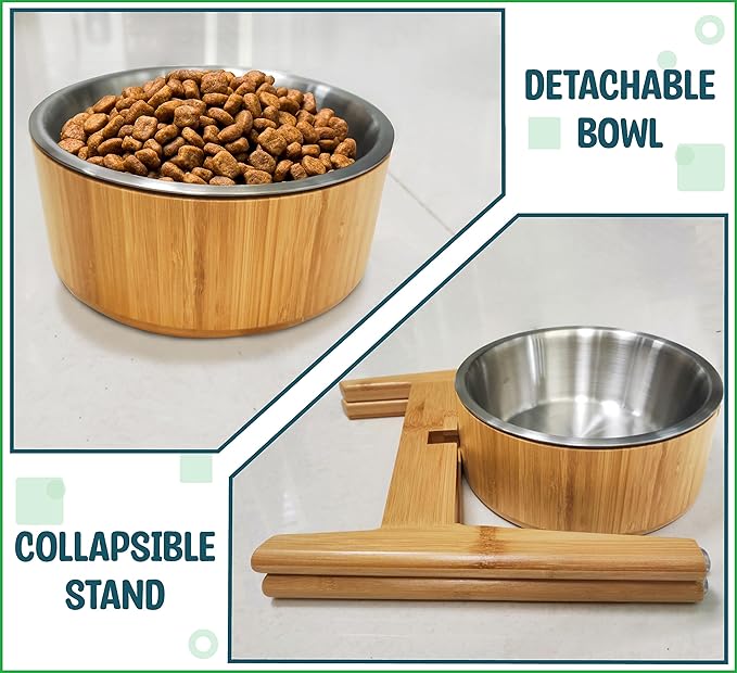 Elevated Dog Bowls for Large Breed - 15-Inch High - 74oz | Raised Dog Bowl Stand Made of Bamboo and Steel - Suitable for Water Dry Wet Foods