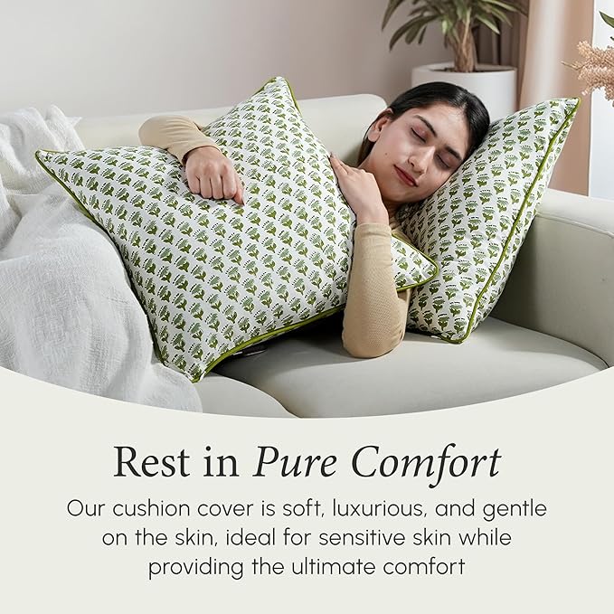 CPC 100% Cotton Throw Pillow Covers 16X16 Green Block Print Pattern Couch Pillow, Cute Boho Decorative Pillows for Living Room, Bedroom with Hidden Zipper- Emerald Green