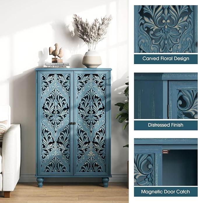 JOINICE 47" Tall Accent Cabinet with Carved Doors & Storage for Living Room,Blue Cabinet with Solid Wood Legs & 100lbs Capacity, Farmhouse/Rustic Style for Dining Room, Bedroom, Hallway, Home Office