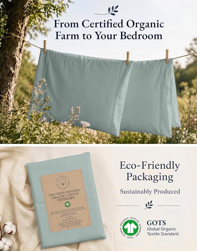 LANE LINEN 100% Organic Cotton Fitted Sheet Full Size Set (No Flat Sheet) - Soft & Breathable Percale Weave Fitted Sheet Set With Snug Fit Pillowcase - 15'' Deep Pocket - GOTS Certified - French Blue