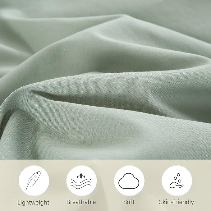 EMME 100% Washed Cotton Duvet Cover Twin Size Sage Green, 2-Piece Soft Comforter Cover Linen Like Bedding Set, No Comforter, 68x90 Inches (Sage Green, Twin)