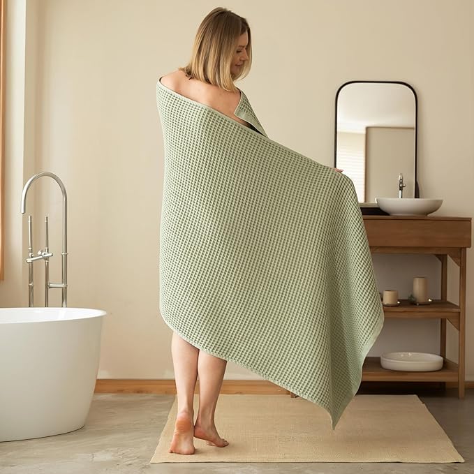 Premium Waffle Bath Towel Pack of 2, Sage Green, Extra Large 35x71 inch - 100% Turkish Cotton, Waffle Weave, Quick-Dry, Lint-Free, Lightweight Bath Sheet Towel (Sage, Set of 2 Bath Towels)