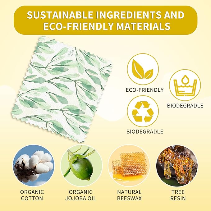 Beeswax Food Wrap, Reusable Beeswax Wraps Storage Set 9-Pack (5S 3M 1L), Organic and Beeswax Wraps Reusable, Sustainable Alternative/Flowers Grass