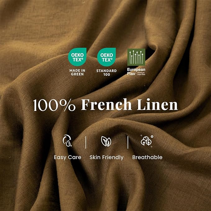 S VICTORY SYMBOL Pure Linen Duvet Cover Set 3pcs,Natural French Washed Flax Solid Color Breathable(1 Duvet Cover and 2 Pillowcases) with Coconut Buttons Closure(Full,Pinecone Brown)