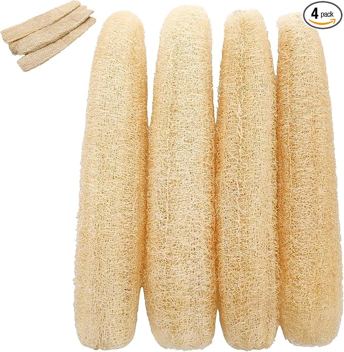 4Pack16-18'' Egyptian Loofah Exfoliating Sponge, Multipurpose Scrubber for Men & Women – Face, Body, Back Use, Organic & Natural, Large Size for Shower & Bath Daily Use