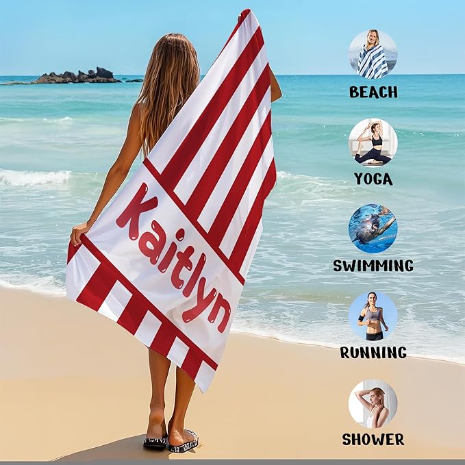 JML Personalized Beach Towel with Name, Custom Cabana Stripe Beach Towel, Customized Microfiber Pool Towel, Quick Dry & Absorbent Swim Towel for Adult,Anniversary, Birthday, Summer Holiday,Vacation