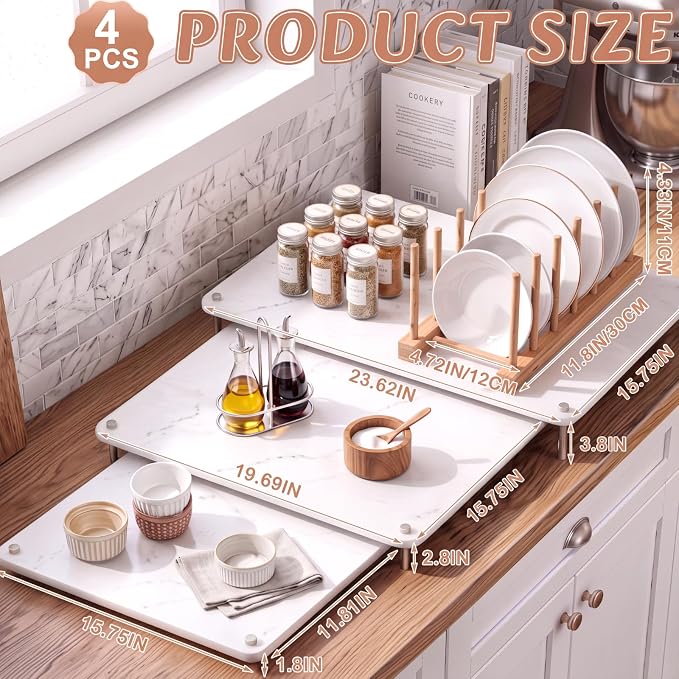3 Tiers Large Nesting Stone Dish Drying Mats (24"x16" & 20"x16" & 16''x 12'') with Bamboo Dish Rack for Kitchen Counter, White Nestable Diatomaceous Earth Drying Mats with Non-Slip Feet