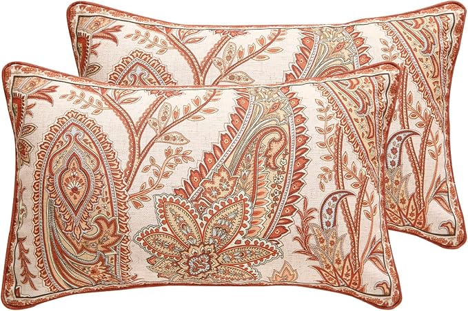 ISAENNE Design Linen Classic Vintage Throw Pillow Covers 12"x20" Pack of 2, Rectangle Cushion Covers with Orange Yellow Paisley Style Pattern Decor Pillowcases for Bed,Living Room,Outdoor,Car