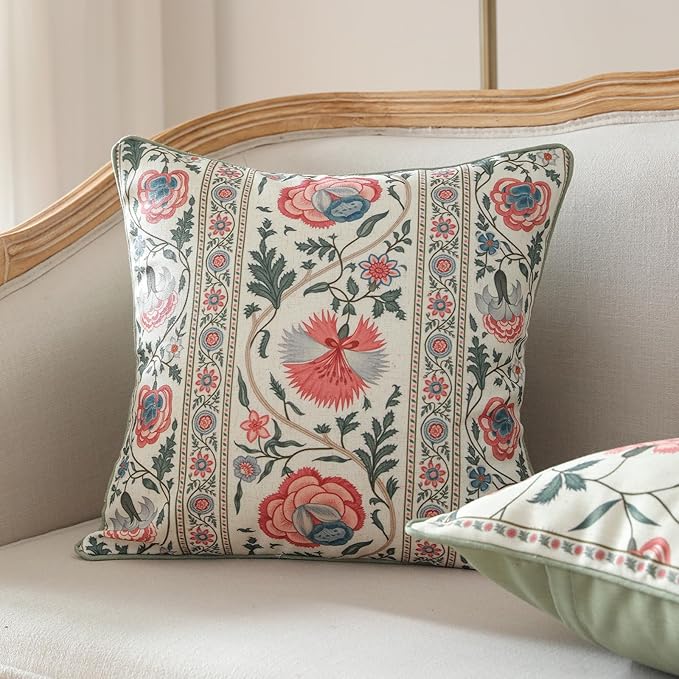 ISAENNE Design Square Retro Elegance Linen Throw Pillow Covers 18"x18" Pack of 2, Green Pink Floral Pattern Cushion Covers Decor Pillowcases for Bed,Living Room,Outdoor,Car