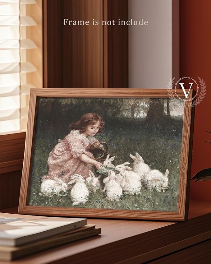 Vodefoad Little Girl Feeding Bunnies Painting Art Vintage Easter Antique Rabbit Oil Painting and Child Wall Art Girl in Field With Rabbits for Nursery Gril Bedroom Gallery Bathroom Office Decor - 8x10Inch Unframe