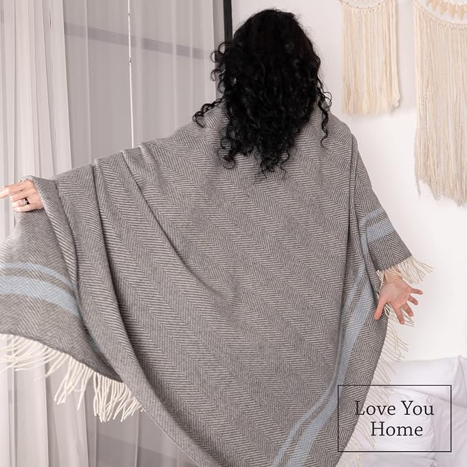LYHome Merino Wool Blanket - Warm Throw for Cold Weather, Warmest Travel Outdoor Camping Blankets, Picnic Army and Military Throws, Comforter Soft & Cozy (55" x 79" Grey with Blue and White Stripes)
