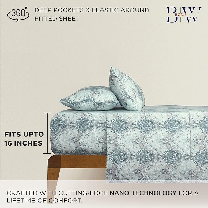 Briarwood Home Printed Flannel Sheet Set, 100% Natural Cotton, Soft, Warm & Deep Pocket, Advanced Nano-Tech Resistance to Pilling, Brushed 6 Times for Softness, Damask Navy, Queen, 4 Piece