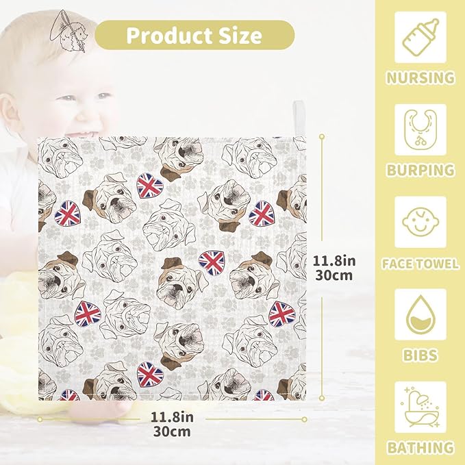 Baby English Bulldog Msulin Washcloths Newborn Face Towel - Baby Muslin Burp Cloths 5 Pack Soft Absorbent Natural Cotton Wash Towel 11.8"X11.8" Baby Bath Towels Wipes
