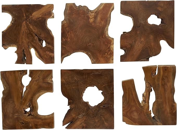 Deco 79 Teak Wood Abstract Handmade Home Wall Decor Live Edge Wood Slab Wall Sculpture, Set of 6 Wall Art 14"W, 16"H, Brown