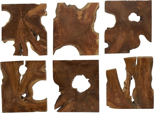 Deco 79 Teak Wood Abstract Handmade Home Wall Decor Live Edge Wood Slab Wall Sculpture, Set of 6 Wall Art 14"W, 16"H, Brown