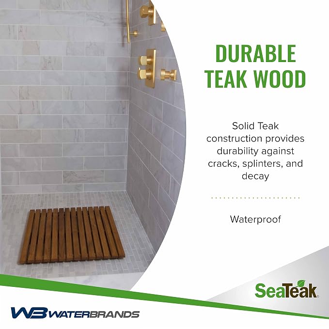 SeaTeak Square Wooden Teak Shower Mat | Waterproof Mat | Indoor Bath Mat | Outdoor Shower Platform | 20" L x 20" W x 1.75" H