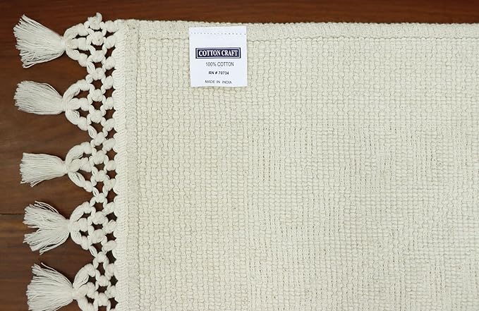 COTTON CRAFT Woven Area Rug - 2 Pack Cotton Jacquard Textured Rug - Boho Farmhouse Rustic Throw Rug with Fringe - Machine Washable Accent Mat for Bedroom Living Room Entryway Nursery - 20x32 - Ivory