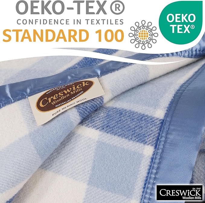 Creswick Woollen Mills 100% Australian Merino Wool Blanket – Soft Warm and Natural with Satin Binding, Breathable Luxury Bedding for All Seasons, (Blue Plaid, Throw)