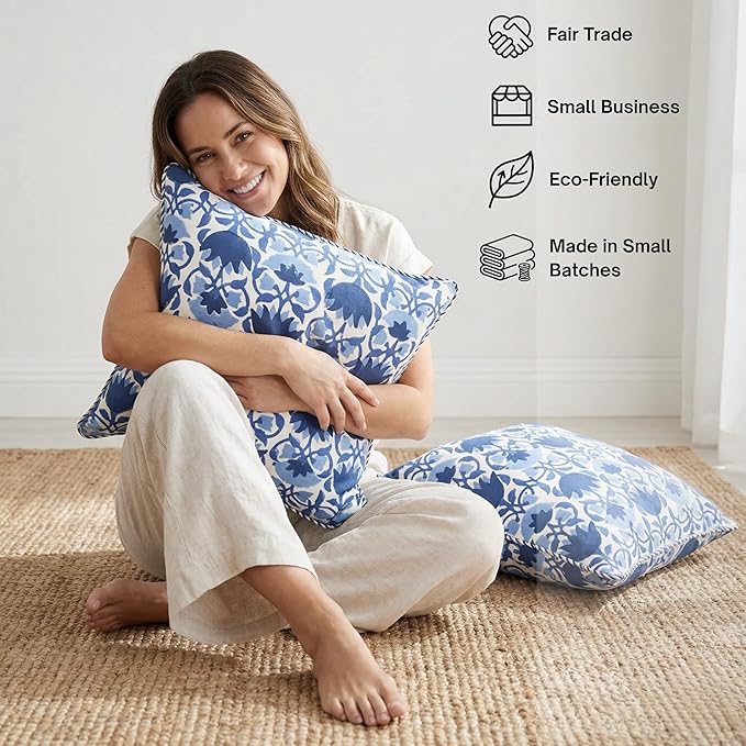 ATOSII Block Print Throw Pillow Covers, 20" X 20" - Set of 2, Decorative Couch Pillows for Living Room Bed Sofa, 100% Cotton Canvas Pillow Case for Home Decor & Outdoors, Preppy Throws - Positano Blue