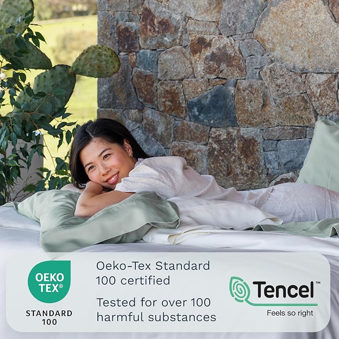 Olive + Crate Tencel Eucalyptus Pillowcases - 100% Tencel Lyocell Cooling Pillow Cases for Hot Sleepers - Hypoallergenic, Moisture-Wicking, Silk Alternative, Vegan, Standard Size Set of 2 [Eucalyptus]