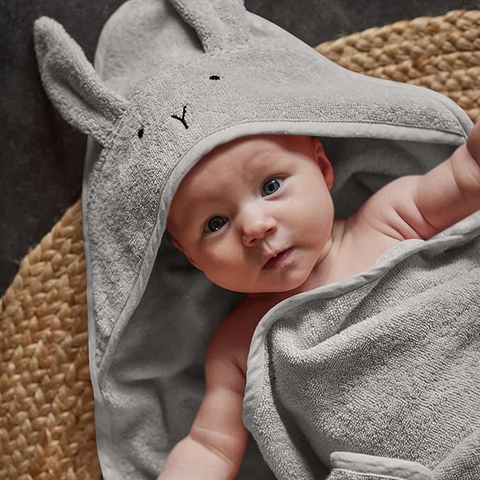 Hooded Baby Towel – 100% Organic Cotton Baby Bath Towels – Baby Boy and Girl Newborn Essentials - Super-Soft and Absorbent. (Rabbit - Pearl Grey)