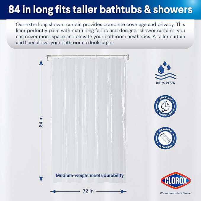 Clorox Shower Curtain Liner, Premium Medium-Weight Durable Waterproof 6g PEVA for Bathroom with Weighted Magnets, Extra Long 72" x 84", Clear 1 Pack