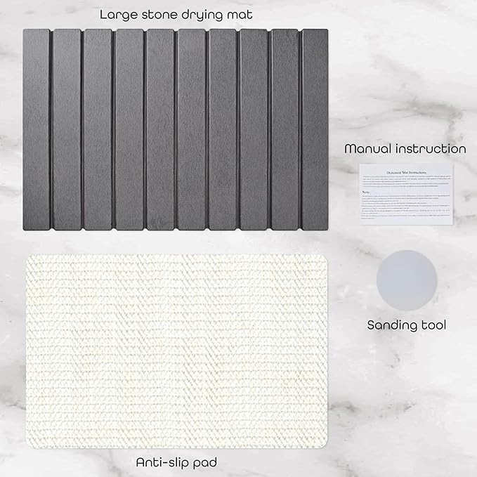 Stone Dish Drying Mat 24" x 16" – Dish Drying Stone Mat – Large Diatomaceous Earth Drying Mat with Non-Slip Base – Quick Dry Kitchen Drying Pad for Dishes, Glassware & Bottles (Solid Dark Grey)
