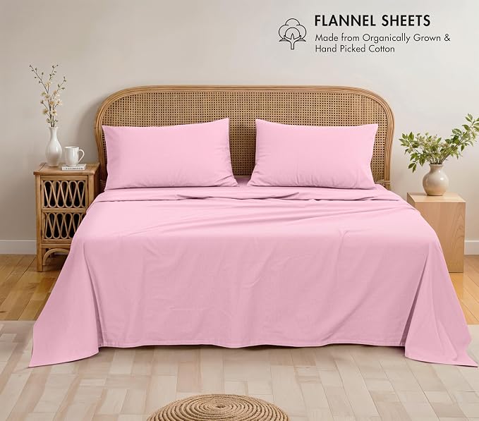 RUVANTI Flannel Sheets Full Size - GOTS Certified 100% Organic Cotton, 4 Piece Warm, Soft & Breathable Set, Deep Pocket Snug Fit, Double Brushed Cozy All Season Bedding, Soft Pink