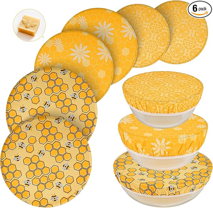 6 Pcs Beeswax Bowl Covers Reusable,Large Reusable Bowl Covers for Bread Proofing,Stretchable to Fit 8/10/12 Inch Bowls (2 Each),Beeswax Wraps for Bread,Leftovers,Fruits,Salad