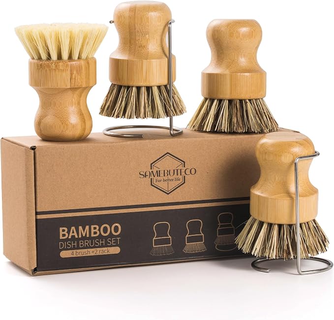 SAMEBUETCO 6-Piece Bamboo Dish Brush Set with 2 Stainless Steel Drying Racks, 3 Mixed Fiber Pot Brushes & 1 Sisal Bristle Brush for Dishes, Pots, Pans, Vegetables & Kitchen Cleaning