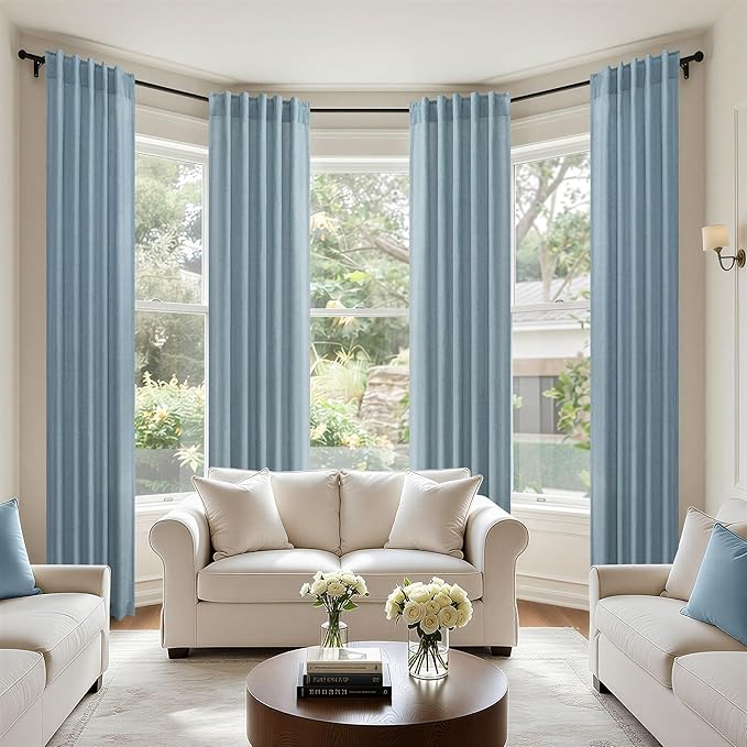 Light Blue Curtains 38 Inch Wide for Living Room 2 Panels Back Tab Pocket Light Reducing Semi Sheer Linen Long Skinny Small Country Blue Curtains for Bedroom Side Windows Grey Blue Width 38x84 Length