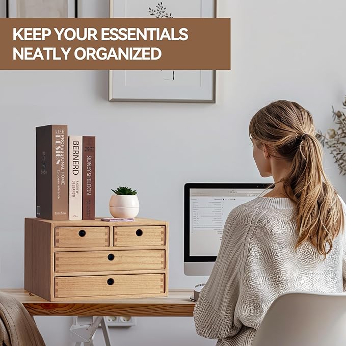 KIRIGEN Wood Desktop Storage Cabinet with 4 Drawers, 3-Tier Desk Organizer for Letter-Size Paper, Mail, Home Office Supplies, Makeup, Crafts, Desk or Countertop, Fully Assembled WJG34-NA