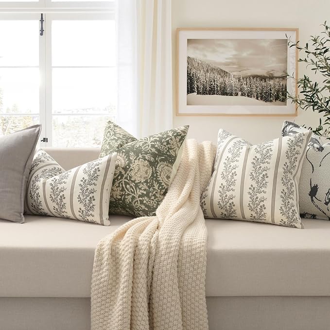 Vintage Throw Pillow Covers 20x20 Set of 2, Striped Floral Pillow Cover Botanical Patterned Decorative Cushion Covers Modern Farmhouse Home Decor for Sofa Couch Bed Living Room, Chocolate