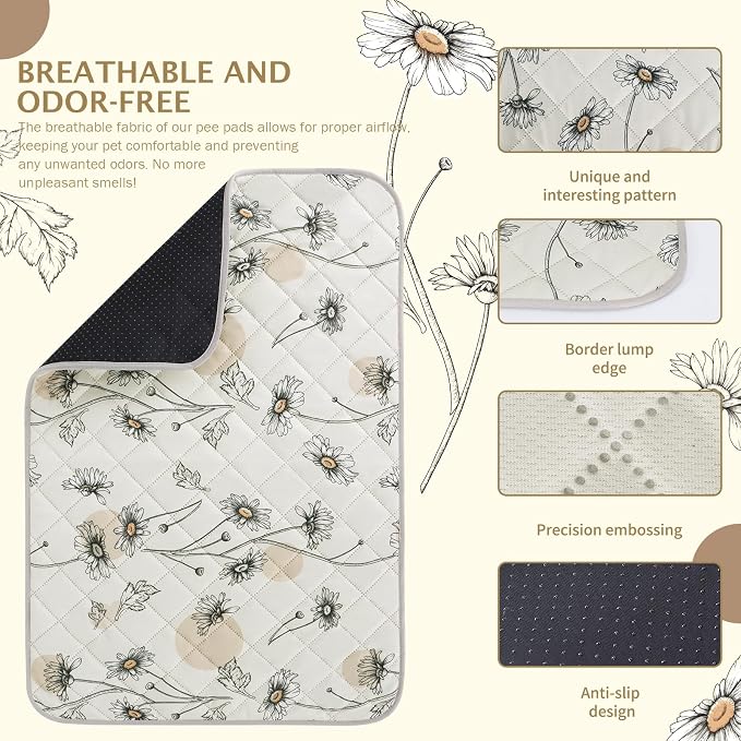 IEUUMLER Washable Pee Pads for Dogs, 2 Pack Non-Slip & Waterproof Pack Whelping Pad, Reusable Washable Puppy Potty Training Pad with Fast Absorbent for Playpen EU007 (Beige Daisy, 36"X41"-2pcs)