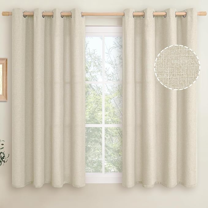 LAMIT Natural Linen Curtains for Bedroom 45 inch Length 2 Panels, Linen Textured Thermal Insulated Curtains Grommet Privacy Burlap Neutral Drapes for Living Room/Farmhouse, W52 x L45, Natural Beige