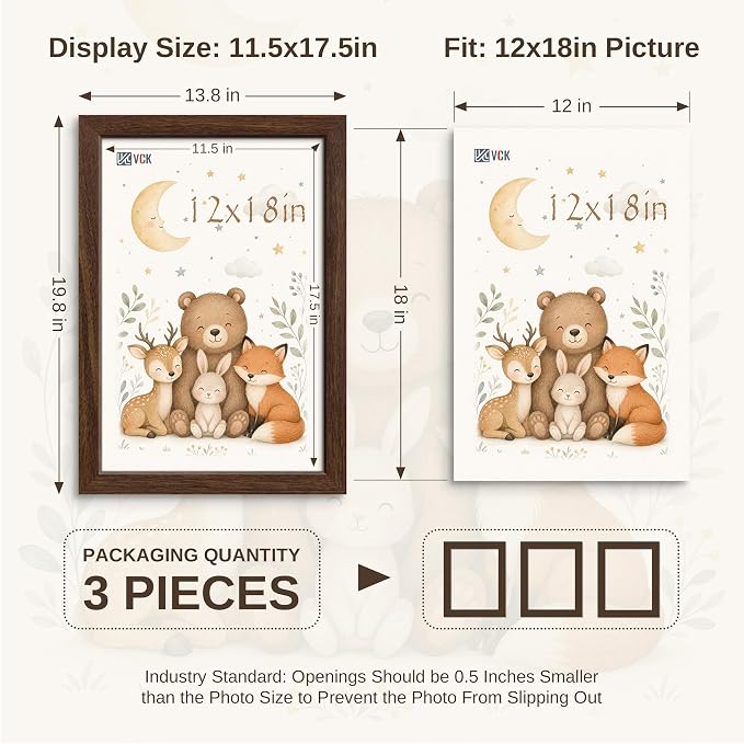 VCK 12x18 Picture Frame 3 Pack - Brown Wood Solid Poster Frames, Textured Exclusive Wood Wall Gallery Frame
