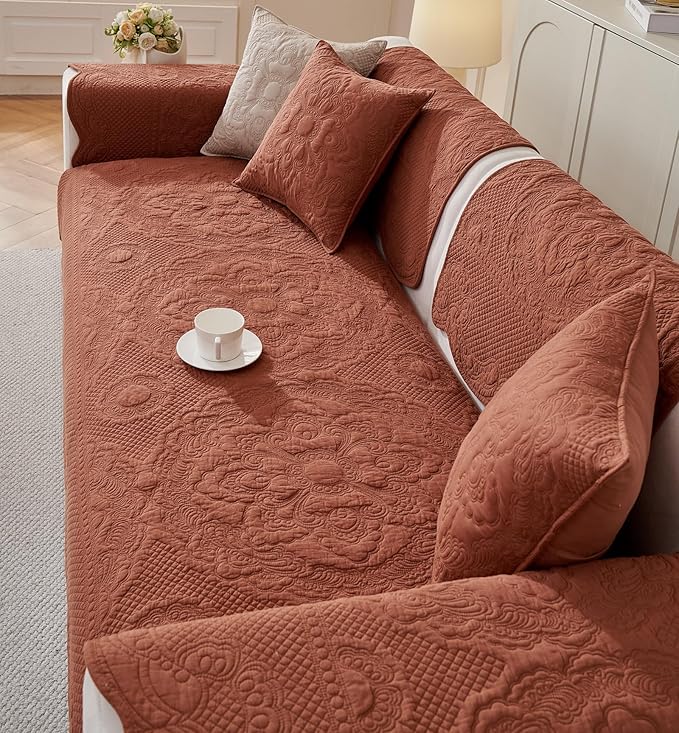 vctops Boho Cotton Quilted Couch Cover Soft Embroidered Sofa Cover Non-Slip Dog Bed Cover Scalloped Sofa Slipcover Washable Furniture Protector Cover (Orange,43"x43")