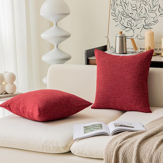 Kevin Textile Christmas Farmhouse Faux Linen Decorative Throw Pillow Case Cushion Cover Pillowcase for Sofa 18 x 18 Inch/45cm x 45cm, Set of 2, Red